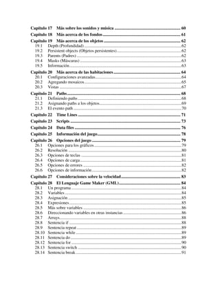 Capítulo 17 Más sobre los sonidos y música ............................................................. 60 
Capítulo 18 Más acerca de los fondos ........................................................................ 61 
Capítulo 19 Más acerca de los objetos ....................................................................... 62 
19.1 Depth (Profundidad) ..........................................................................................62 
19.2 Persistent objects (Objetos persistentes)............................................................62 
19.3 Parents (Padres) .................................................................................................62 
19.4 Masks (Máscaras) ..............................................................................................63 
19.5 Información........................................................................................................63 
Capítulo 20 Más acerca de las habitaciones .............................................................. 64 
20.1 Configuraciones avanzadas................................................................................64 
20.2 Agregando mosaicos..........................................................................................65 
20.3 Vistas .................................................................................................................67 
Capítulo 21 Paths ......................................................................................................... 68 
21.1 Definiendo paths ................................................................................................68 
21.2 Asignando paths a los objetos............................................................................69 
21.3 El evento path ....................................................................................................70 
Capítulo 22 Time Lines ............................................................................................... 71 
Capítulo 23 Scripts ...................................................................................................... 73 
Capítulo 24 Data files .................................................................................................. 76 
Capítulo 25 Información del juego............................................................................. 78 
Capítulo 26 Opciones del juego .................................................................................. 79 
26.1 Opciones para los gráficos .................................................................................79 
26.2 Resolución .........................................................................................................80 
26.3 Opciones de teclas .............................................................................................81 
26.4 Opciones de carga..............................................................................................81 
26.5 Opciones de errores ...........................................................................................82 
26.6 Opciones de información ...................................................................................82 
Capítulo 27 Consideraciones sobre la velocidad....................................................... 83 
Capítulo 28 El Lenguaje Game Maker (GML)......................................................... 84 
28.1 Un programa ......................................................................................................84 
28.2 Variables ............................................................................................................84 
28.3 Asignación .........................................................................................................85 
28.4 Expresiones ........................................................................................................85 
28.5 Más sobre variables ...........................................................................................86 
28.6 Direccionando variables en otras instancias ......................................................86 
28.7 Arrays.................................................................................................................88 
28.8 Sentencia if ........................................................................................................88 
28.9 Sentencia repeat .................................................................................................89 
28.10 Sentencia while ..................................................................................................89 
28.11 Sentencia do.......................................................................................................89 
28.12 Sentencia for ......................................................................................................90 
28.13 Sentencia switch ................................................................................................90 
28.14 Sentencia break ..................................................................................................91 
 