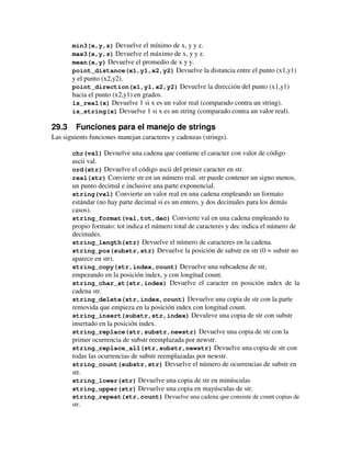 min3(x,y,z) Devuelve el mínimo de x, y y z. 
max3(x,y,z) Devuelve el máximo de x, y y z. 
mean(x,y) Devuelve el promedio de x y y. 
point_distance(x1,y1,x2,y2) Devuelve la distancia entre el punto (x1,y1) 
y el punto (x2,y2). 
point_direction(x1,y1,x2,y2) Devuelve la dirección del punto (x1,y1) 
hacia el punto (x2,y1) en grados. 
is_real(x) Devuelve 1 si x es un valor real (comparado contra un string). 
is_string(x) Devuelve 1 si x es un string (comparado contra un valor real). 
29.3 Funciones para el manejo de strings 
Las siguients funciones manejan caracteres y cadenzas (strings). 
chr(val) Devuelve una cadena que contiene el caracter con valor de código 
ascii val. 
ord(str) Devuelve el código ascii del primer caracter en str. 
real(str) Convierte str en un número real. str puede contener un signo menos, 
un punto decimal e inclusive una parte exponencial. 
string(val) Convierte un valor real en una cadena empleando un formato 
estándar (no hay parte decimal si es un entero, y dos decimales para los demás 
casos). 
string_format(val,tot,dec) Convierte val en una cadena empleando tu 
propio formato: tot indica el número total de caracteres y dec indica el número de 
decimales. 
string_length(str) Devuelve el número de caracteres en la cadena. 
string_pos(substr,str) Devuelve la posición de substr en str (0 = substr no 
aparece en str). 
string_copy(str,index,count) Devuelve una subcadena de str, 
empezando en la posición index, y con longitud count. 
string_char_at(str,index) Devuelve el caracter en posición index de la 
cadena str. 
string_delete(str,index,count) Devuelve una copia de str con la parte 
removida que empieza en la posición index con longitud count. 
string_insert(substr,str,index) Devuleve una copia de str con substr 
insertado en la posición index. 
string_replace(str,substr,newstr) Devuelve una copia de str con la 
primer ocurrencia de substr reemplazada por newstr. 
string_replace_all(str,substr,newstr) Devuelve una copia de str con 
todas las ocurrencias de substr reemplazadas por newstr. 
string_count(substr,str) Devuelve el número de ocurrencias de substr en 
str. 
string_lower(str) Devuelve una copia de str en minúsculas 
string_upper(str) Devuelve una copia en mayúsculas de str. 
string_repeat(str,count) Devuelve una cadena que consiste de count copias de 
str. 
 