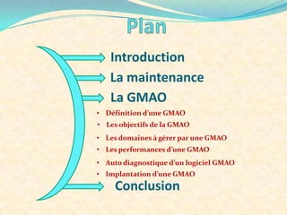 Introduction
La maintenance
La GMAO
• Définition d’une GMAO
• Les objectifs de la GMAO
• Les domaines à gérer par une GMAO
• Les performances d’une GMAO
• Auto diagnostique d’un logiciel GMAO
• Implantation d’une GMAO

Conclusion

 
