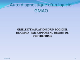 Auto diagnostique d’un logiciel
GMAO

GRILLE D’EVALUATION D’UN LOGICIEL
DE GMAO PAR RAPPORT AU BESOIN DE
L’ENTREPRISE:

11/02/2014

21

 