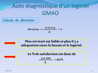 Auto diagnostique d’un logiciel
GMAO
Calcule de déviation :
Déviation

= 1+1+1+1 = 1
4

Plus cet écart est faible et plus il y a
adéquation entre le besoin et le logiciel.

Le % de satisfaction est donc de
3 x 100 = 60%
5
11/02/2014

23

 