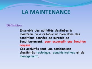 LA MAINTENANCE
Définition :
Ensemble des activités destinées à
maintenir ou à rétablir un bien dans des
conditions données de suretés de
fonctionnement, pour accomplir une fonction
requise.
Ces activités sont une combinaison
d’activités technique, administratives et de
management.

 