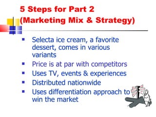 5 Steps for Part 2 (Marketing Mix & Strategy) Selecta ice cream, a favorite dessert, comes in various variants Price is at par with competitors Uses TV, events & experiences  Distributed nationwide Uses differentiation approach to win the market 