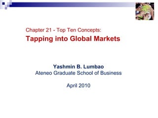 Top 10 Concepts – Chapter 21 Chapter 21 - Top Ten Concepts: Tapping into Global Markets Yashmin B. Lumbao Ateneo Graduate School of Business April 2010 