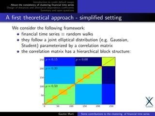 Introduction to credit default swaps
About the consistency of clustering ﬁnancial time series
Design of distances and alternative dependence coeﬃcients
Summary and open questions
A ﬁrst theoretical approach - simpliﬁed setting
We consider the following framework:
ﬁnancial time series ≡ random walks
they follow a joint elliptical distribution (e.g. Gaussian,
Student) parameterized by a correlation matrix
the correlation matrix has a hierarchical block structure:
Gautier Marti Some contributions to the clustering of ﬁnancial time series
 