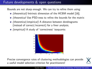 Future developments & open questions
Bounds are not sharp enough. We can try to reﬁne them using:
(theoretical) Intrinsic dimension of the HCBM model [16];
(theoretical Use PSD-ness to reﬁne the bounds for the matrix
(theoretical/empirical) A distance between dendrograms
(instead of correct/incorrect) for a ﬁner analysis;
(empirical) A study of ‘correctness’ isoquants:
Precise convergence rates of clustering methodologies can provide
a useful model selection criterion for practitioners!
Gautier Marti Some contributions to the clustering of ﬁnancial time series
 