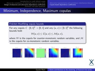 Introduction to credit default swaps
About the consistency of clustering ﬁnancial time series
Design of distances and alternative dependence coeﬃcients
Summary and open questions
Alternative representation and correlation+distribution distance
Copula-based dependence coeﬃcients
Minimum, Independence, Maximum copulas
Gautier Marti Some contributions to the clustering of ﬁnancial time series
 
