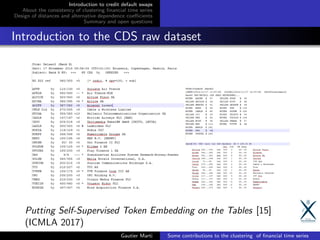 Introduction to credit default swaps
About the consistency of clustering ﬁnancial time series
Design of distances and alternative dependence coeﬃcients
Summary and open questions
Introduction to the CDS raw dataset
Putting Self-Supervised Token Embedding on the Tables [15]
(ICMLA 2017)
Gautier Marti Some contributions to the clustering of ﬁnancial time series
 