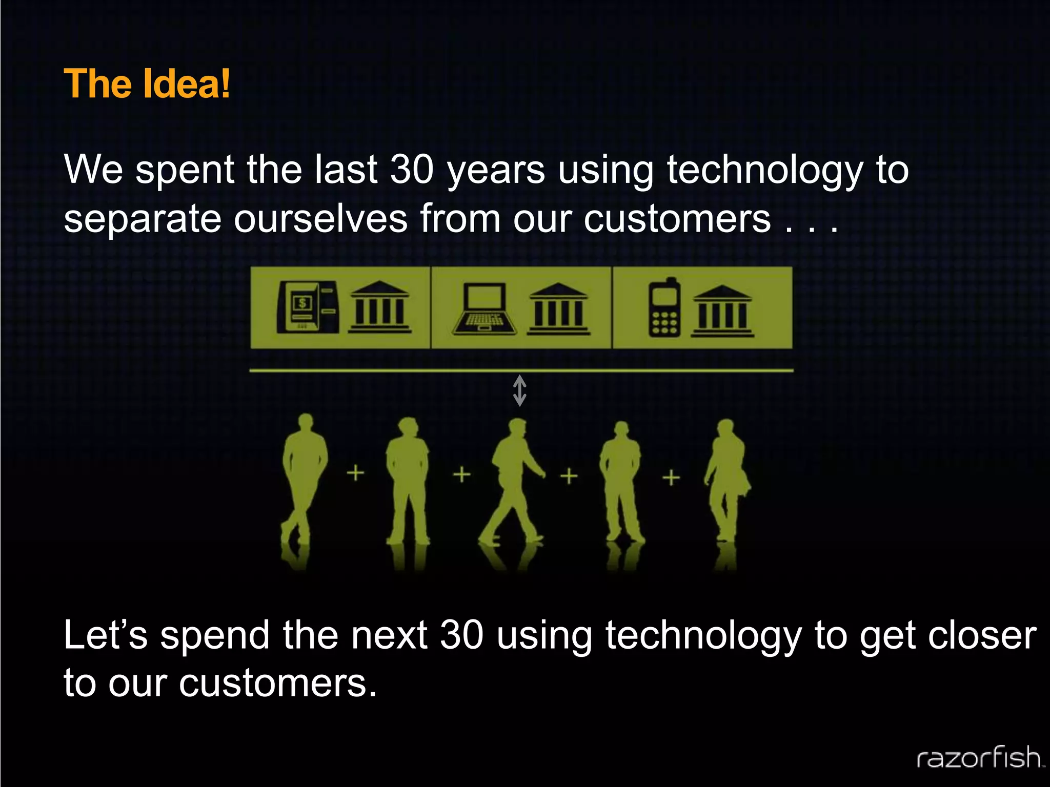 The Idea! We spent the last 30 years using technology to separate ourselves from our customers . . .Let’s spend the next 30 using technology to get closer to our customers. 