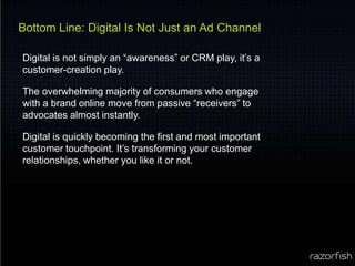 Bottom Line: Digital Is Not Just an Ad ChannelDigital is not simply an “awareness” or CRM play, it’s a customer-creation play. The overwhelming majority of consumers who engage with a brand online move from passive “receivers” to advocates almost instantly.Digital is quickly becoming the first and most important customer touchpoint. It’s transforming your customer relationships, whether you like it or not.