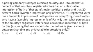 A polling company surveyed a certain country, and it found that 35
percent of that country’s registered voters had an unfavorable
impression of both of that state’s major political parties and that 20
percent had a favorable impression only of Party A. If 1 registered voter
has a favorable impression of both parties for every 2 registered voters
who have a favorable impression only of Party B, then what percentage
of the country’s registered voters have a favorable impression of both
parties (assuming that respondents to the poll were given a choice
between favorable and unfavorable impressions only)?
A) 15 B) 20 C) 30 D) 35 E) 45
 
