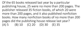 Of the 65 books released last year by a particular
publishing house, 25 were no more than 200 pages. The
publisher released 35 fiction books, of which 20 were
more than 200 pages, and it also published nonfiction
books. How many nonfiction books of no more than 200
pages did the publishing house release last year?
(A) 5 (B) 10 (C) 20 (D) 30 (E) 35
 