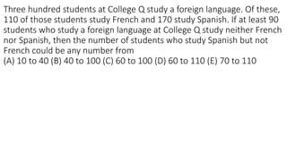 Three hundred students at College Q study a foreign language. Of these,
110 of those students study French and 170 study Spanish. If at least 90
students who study a foreign language at College Q study neither French
nor Spanish, then the number of students who study Spanish but not
French could be any number from
(A) 10 to 40 (B) 40 to 100 (C) 60 to 100 (D) 60 to 110 (E) 70 to 110
 