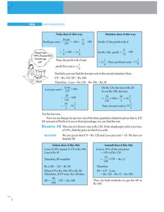MATHEMATICS168
Thus, the profit is Rs 8 and
profit Per cent is
1
11
9
.
Neha does it this way Shekhar does it this way
Profit per cent =
Profit
CP
× 100 =
8
72
100 On Rs 72 the profit is Rs 8
=
1
9
100× = 11
1
9
On Rs 100, profit =
8
72
100
= 11
1
9
. Thus, profit per cent =
1
11
9
Similarlyyoucanfindthelosspercentinthesecondsituation.Here,
CP = Rs 120, SP = Rs 100.
Therefore, Loss = Rs 120 – Rs 100 = Rs 20
Loss per cent =
Loss
×100
CP
=
20
×100
120 = × = =
20
120
100
50
3
16
2
3
=
50 2
16
3 3
Thus, loss per cent is
2
16
3
Try the last case.
Now we see that given any two out of the three quantities related to prices that is, CP,
SP, amount of Profit or Loss or their percentage, we can find the rest.
EXAMPLE 18 The cost of a flower vase is Rs 120. If the shopkeeper sells it at a loss
of 10%, find the price at which it is sold.
OLUTION We are given that CP = Rs 120 and Loss per cent = 10. We have to
find the SP.
Sohan does it like this Anandi does it like this
Loss of 10% means if CP is Rs 100, Loss is 10% of the cost price
LossisRs10 = 10% of Rs 120
Therefore,SPwouldbe =
10
120
100
× = Rs 12
Rs (100 – 10) = Rs 90 Therefore
When CP is Rs 100, SP is Rs 90. SP = CP – Loss
Therefore, if CP were Rs 120 then = Rs 120 – Rs 12 = Rs 108
SP =
90
120
100
= Rs 108
On Rs 120, the loss is Rs 20
So on Rs 100, the loss
Thus, by both methods we get the SP as
Rs 108.
 