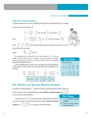 RATIONAL NUMBERS 1 7 5
Equivalent rational numbers
Arationalnumbercanbewrittenwithdifferent numeratorsanddenominators.For example,
consider therationalnumber
–2
3
.
–2
3
=
2× 2 4
3× 2 6
. We see that
–2
3
is the same as
– 4
6
.
Also,
–2
3
=
( ) ( )
( )
– 2 × –5 10
3× –5 –15
. So,
– 2
3
is also the same as
10
15
.
Thus,
–2
3
=
– 4
6
=
10
15
. Suchrationalnumbers that are equal to each other are said to
be equivalent to each other.
Again,
10
15
=
10
15
(How?)
By multiplying the numerator and denominator of a rational
number by the same non zero integer, we obtain another rational
number equivalent to the given rational number. This is exactly like
obtainingequivalent fractions.
Just as multiplication, thedivisionof thenumerator and denominator
bythesame non zero integer, also gives equivalent rationalnumbers. For
example,
10
–15
=
( )
( )
10 –5 –2
–15 –5 3
÷
÷
,
–12
24
=
–12 12 –1
24 12 2
÷
÷
We write
–2 2 –10 10
as – , as –
3 3 15 15
, etc.
9.4 POSITIVE AND NEGATIVE RATIONAL NUMBERS
Consider therationalnumber
2
3
. Boththenumerator anddenominator ofthisnumber are
positiveintegers. Sucharationalnumber iscalledapositiverationalnumber.So,
3 5 2
, ,
8 7 9
etc. arepositive rationalnumber.
The numerator of
–3
5
is a negativeinteger, whereasthe denominator
is a positive integer. Sucha rationalnumber is called a negative rational
number. So,
–5 –3 –9
, ,
7 8 5
etc. are negativerationalnumbers.
TRY THESE
Fillinthe boxes:
(i)
5 25 –15
4 16
(ii)
–3 9 –6
7 14
TRY THESE
1. Is 5 a positive rational
number?
2. List five more positive
rationalnumbers.
 