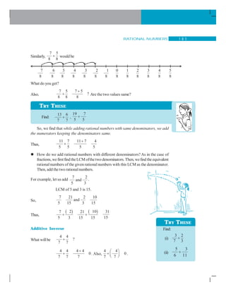RATIONAL NUMBERS 1 8 5
Similarly,
7 5
8 8
+ would be
What do you get?
Also,
7 5 7 5
?
8 8 8
+
+ Are thetwo values same?
So, we find that while adding rational numbers with same denominators, we add
the numerators keeping the denominators same.
Thus,
11 7 11 7 4
5 5 5 5
+
+
How do we add rational numbers with different denominators? As in the case of
fractions, wefirst findtheLCMofthetwo denominators. Then, wefindthe equivalent
rationalnumbers of the given rationalnumbers with this LCM as the denominator.
Then, add thetwo rationalnumbers.
For example, let us add
7 2
and
5 3
.
LCM of 5 and 3 is 15.
So,
7 21 2 10
and
5 15 3 15
Thus,
( ) ( )2 107 21
5 3 15 15
+ +
31
15
Additive Inverse
What willbe
4 4
?
7 7
+
4 4 4 4
0
7 7 7
+
+ . Also,
4 4
0
7 7
⎛ ⎞
+ ⎜ ⎟⎝ ⎠
.
TRY THESE
Find:
13 6
7 7
+ ,
19 7
5 5
+
TRY THESE
Find:
(i)
3 2
7 3
+
(ii)
5 3
6 11
+
7
8
6
8
5
8
4
8
3
8
2
8
1
8
0
8
1
8
2
8
3
8
5
8
4
8
 
