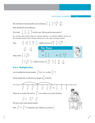 RATIONAL NUMBERS 1 8 7
She tried this for rationalnumbers also and found,
( )35 3 5 19
7 8 7 8 56
+ .
Both obtainedthe same difference.
Tryto find
7 5 3 8
,
8 9 11 7
in bothways. Did you get the same answer?
So, we say while subtracting two rational numbers, we add the additive inverse of
the rational number that is being subtracted, to the other rational number.
Thus,
2 4 5 14
1 2
3 5 3 5
=
5
3
+ additiveinverse of
( )1414 5
5 3 5
+
17 2
1
15 15
.
What willbe
2 5
?
7 6
⎛ ⎞
⎜ ⎟⎝ ⎠
2 5 2
7 6 7
⎛ ⎞
+⎜ ⎟⎝ ⎠
additive inverse of
5
6
⎛ ⎞
⎜ ⎟⎝ ⎠
2 5 47 5
1
7 6 42 42
+
9.9.3 Multiplication
Let us multiplythe rationalnumber
3
5
by2, i.e., we find
3
× 2
5
.
On the numberline, it willmean two jumps of
3
5
to the left.
Where do we reach?We reach at
6
5
. Let us find it as we did in fractions.
3 3× 2 6
× 2
5 5 5
We arrive at the same rationalnumber.
Find
4 6
× 3, × 4
7 5
using both ways. What do you observe?
TRY THESE
Find:
(i)
7 2
9 5
(ii)
( )11
2
5 3
6
5
5
5
4
5
3
5
2
5
1
5
0
( 0)
5
1
5
2
5
3
5
 