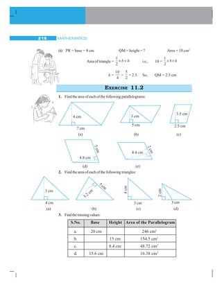 MATHEMATICS216
(ii) PR = base = 8 cm QM = height = ? Area = 10 cm2
Areaoftriangle=
1
2
× ×b h i.e., 10 =
1
2
8× × h
h =
10
4
=
5
2
= 2.5. So, QM = 2.5 cm
EXERCISE 11.2
1. Findtheareaofeachofthefollowingparallelograms:
2. Findtheareaofeachofthefollowingtriangles:
3. Findthemissingvalues:
(a) (b) (c)
(d) (e)
(a) (b) (c) (d)
S.No. Base Height Area of the Parallelogram
a. 20 cm 246 cm2
b. 15 cm 154.5 cm2
c. 8.4 cm 48.72 cm2
d. 15.6 cm 16.38 cm2
 