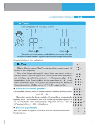 ALGEBRAIC EXPRESSIONS 245
Makesimilarpatternwithbasicfiguresasshown
(Thenumberofsegmentsrequiredtomakethefigureisgiventotheright.Also,
theexpressionforthenumberofsegmentsrequiredtomakenshapesisalsogiven).
Go ahead and discover more such patterns.
Makethefollowingpatternofdots.Ifyoutakeagraphpaperoradotpaper,itwill
be easier to make the patterns.
Observe how the dots are arranged in a square shape. If the number of dots in a
row or a column in a particular figure is taken to be the variablen, then the number of
dots in the figure is given by the expression n × n = n2
. For example, take n = 4. The
number of dots for the figure with 4 dots in a row (or a column) is 4 × 4 = 16, as is
indeed seen from the figure.You may check this for other values of n. The ancient
Greek mathematicians called the number 1, 4, 9, 16, 25, ... square numbers.
zzzzz Some more number patterns
Letusnowlookatanotherpatternofnumbers,thistimewithoutanydrawingtohelpus
3, 6, 9, 12, ..., 3n, ...
The numbers are such that they are multiples of 3 arranged in an increasing order,
beginningwith3.Thetermwhichoccursatthenth
positionisgivenbytheexpression3n.
You can easily find the term which occurs in the 10th
position (which is 3 × 10 = 30);
100th
position (which is 3 × 100 = 300) and so on.
zzzzz Pattern in geometry
What is the number of diagonals we can draw from one vertex of a quadrilateral?
Check it, it is one.
TRY THESE
DO THIS 1
4
9
16
25
36
y
y
y
n2
y
y
y
 