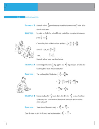 MATHEMATICS! 
EXAMPLE 2 Ramesh solved
2
7
part of an exercise while Seema solved
4
5
of it. Who
solved lesser part?
SOLUTION In order to find who solved lesser part of the exercise, let us com-
pare
2
7
and
4
5
.
Converting them to like fractions we have,
2 10
7 35
,
4 28
5 35
.
Since10  28 , so
10 28
35 35
 .
Thus,
2 4

7 5
.
Ramesh solved lesser part than Seema.
EXAMPLE 3 Sameera purchased
1
3
2
kg apples and
3
4
4
kg oranges. What is the
totalweightoffruitspurchasedbyher?
SOLUTION Thetotalweightofthefruits
1 3
3 4 kg
2 4
§ ·
¨ ¸© ¹
=
7 19 14 19
kg kg
2 4 4 4
§ · § ·
 ¨ ¸ ¨ ¸© ¹ © ¹
=
33 1
kg 8 kg
4 4
EXAMPLE 4 Suman studies for
2
5
3
hours daily. She devotes
4
2
5
hours of her time
for Science and Mathematics. How much time does she devote for
other subjects?
SOLUTION Total time of Suman’s study =
2
5
3
h =
17
3
h
Time devoted by her for Science and Mathematics =
4
2
5
=
14
5
h
 