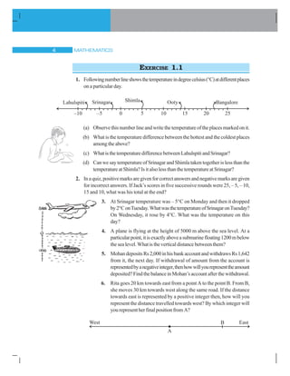 MATHEMATICS4
–10 –5 0 5 10 15 20 25
Lahulspiti Srinagar Shimla Ooty Bangalore
EXERCISE 1.1
1. Followingnumberlineshowsthetemperatureindegreecelsius(°C)atdifferentplaces
on a particular day.
(a) Observe this number line and write the temperature of the places marked on it.
(b) What is the temperature difference between the hottest and the coldest places
among the above?
(c) WhatisthetemperaturedifferencebetweenLahulspitiandSrinagar?
(d) Can we say temperature of Srinagar and Shimla taken together is less than the
temperature at Shimla? Is it also less than the temperature at Srinagar?
2. Inaquiz,positivemarksaregivenforcorrectanswersandnegativemarksaregiven
for incorrect answers. If Jack’s scores in five successive rounds were 25, – 5, – 10,
15 and 10, what was his total at the end?
3. At Srinagar temperature was – 5°C on Monday and then it dropped
by2°ConTuesday.WhatwasthetemperatureofSrinagaronTuesday?
On Wednesday, it rose by 4°C. What was the temperature on this
day?
4. A plane is flying at the height of 5000 m above the sea level. At a
particularpoint,itisexactlyaboveasubmarinefloating1200mbelow
the sea level. What is the vertical distance between them?
5. MohandepositsRs2,000inhisbankaccountandwithdrawsRs1,642
from it, the next day. If withdrawal of amount from the account is
representedbyanegativeinteger,thenhowwillyourepresenttheamount
deposited? Find the balance in Mohan’s account after the withdrawal.
6. Rita goes 20 km towards east from a point A to the point B. From B,
she moves 30 km towards west along the same road. If the distance
towards east is represented by a positive integer then, how will you
represent the distance travelled towards west? By which integer will
yourepresentherfinalpositionfromA?
 