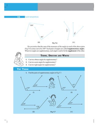 MATHEMATICS9 6
Fig 5.6
Do you notice that the sum of the measures of the angles in each of the above pairs
(Fig 5.6) comes out to be 180º? Such pairs of angles are called supplementary angles.
Whentwoanglesaresupplementary,eachangleissaidtobethesupplementoftheother.
THINK, DISCUSS AND WRITE
1. Can two obtuse angles be supplementary?
2. Can two acute angles be supplementary?
3. Cantworightanglesbesupplementary?
1. FindthepairsofsupplementaryanglesinFig5.7:
Fig 5.7
(iii) (iv)
TRY THESE
(iii) (iv)
(i) (ii)
 