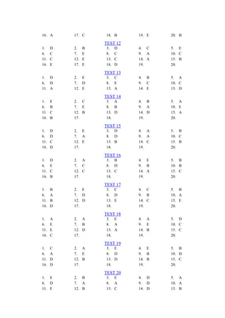 16. A     17. C     18. B     19. E   20. B

                    TEST 12
1.    D   2.    B   3.    D   4. C    5. E
6.    C   7.    E   8.    C   9. A    10. C
11.   C   12.   E   13.   C   14. A   15. B
16.   E   17.   E   18.   D   19.     20.

                    TEST 13
1. D      2. E      3. C      4. B    5. A
6. D      7. D      8. E      9. C    10. C
11. A     12. E     13. A     14. E   15. D

                    TEST 14
1.    E   2. C      3. A      4. B    5. A
6.    B   7. E      8. B      9. A    10. E
11.   C   12. B     13. D     14. D   15. A
16.   B   17.       18.       19.     20.

                    TEST 15
1.    D   2. E      3. D      4. A    5. B
6.    D   7. A      8. D      9. A    10. C
11.   C   12. E     13. B     14. C   15. B
16.   D   17.       18.       19.     20.

                    TEST 16
1.    D   2. A      3. B      4. E    5. B
6.    E   7. C      8. D      9. B    10. B
11.   C   12. C     13. C     14. A   15. C
16.   B   17.       18.       19.     20.

                    TEST 17
1.    B   2. E      3. C      4. C    5. B
6.    A   7. D      8. D      9. B    10. A
11.   B   12. D     13. E     14. C   15. E
16.   D   17.       18.       19.     20.

                    TEST 18
1.    A   2. A      3. E      4. A    5. D
6.    E   7. B      8. A      9. E    10. C
11.   E   12. D     13. A     14. B   15. C
16.   C   17.       18.       19.     20.

                    TEST 19
1.    C   2. A      3. E      4. E    5. B
6.    A   7. E      8. D      9. B    10. D
11.   D   12. B     13. D     14. B   15. C
16.   D   17.       18.       19.     20.

                    TEST 20
1. E      2. B      3. E      4. D    5. A
6. D      7. A      8. A      9. D    10. A
11. E     12. B     13. C     14. D   15. B
 