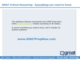 GMAT Critical Reasoning - Everything you need to know
This slideshow features screenshots from GMAT Prep Now’s
entire Critical Reasoning module (consisting of 38 videos).
It covers everything you need to know, and it includes 24
practice questions.
www.GMATPrepNow.com
 