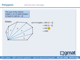 Polygons

 




The sum of the interior
angles in an N-sided polygon
is equal to  180 2N 
6
1
2
3
4
5
Octagon
 
 
 
sum of angles 180 2
8180 2
180
10
6
80
N 
 


(watch the entire video here)
 