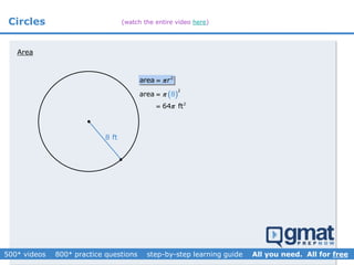 Circles
Area


2
area r
 
2
2
area
6
8
4 ft




8 ft
(watch the entire video here)
 