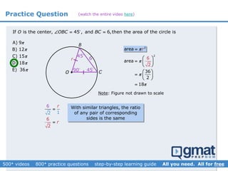 Practice Question
A) 9
B) 12
C) 15
D) 18
E) 36





If is the center, 45 , and 6,then the area of the circle isO OBC BC  
CO
Note: Figure not drawn to scale
45
 4590
B
With similar triangles, the ratio
of any pair of corresponding
sides is the same
6
2
area r
2
area
36
2
18
6
2



 
  
 
 
  
 

r
12
6
2
6 r
r


(watch the entire video here)
 