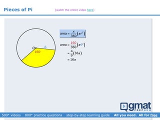 Pieces of Pi
O
160
 2
area
360
x
r
 
 
2
6area
360
4
36
9
16
160






6
(watch the entire video here)
 