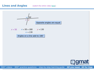 Lines and Angles
w 50
yx
50x  50 180
130
w
w
 

130y 
Opposite angles are equal
Angles on a line add to 180°
(watch the entire video here)
 