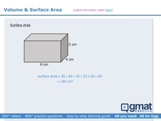 Volume & Surface Area
Surface Area
8 cm
4 cm
5 cm
2
surface area 40 40 32 32 20 20
184 cm
     

(watch the entire video here)
 