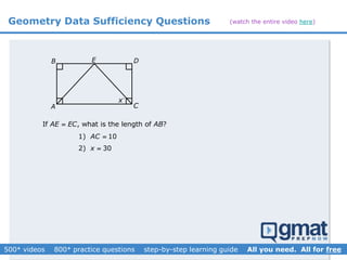 Geometry Data Sufficiency Questions
1) 10AC 
2) 30x 
If , what is the length of ?AE EC AB
A
B E
x
C
D
(watch the entire video here)
 
