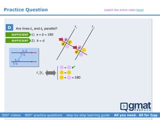 Practice Question
2) b d
1) 180e b 
 
 
 
 
1 2
a
b
c
d
e
180 

1 2





SUFFICIENT
SUFFICIENT
D

Are lines l1 and l2 parallel?
(watch the entire video here)
 