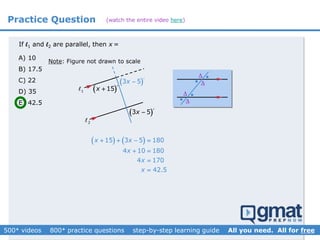 A) 10
B) 17.5
C) 22
D) 35
E) 42.5
If l1 and l2 are parallel, then x =
1
2
 3 5x 
 15x 
 3 5x 
   15 3 5 180
4 10 180
4 170
42.5
x x
x
x
x
   
 


 
 
 
 
Note: Figure not drawn to scale
Practice Question (watch the entire video here)
 