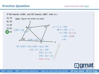 Practice Question
Note: Figure not drawn to scale
A
B
D
C
E F
If bisects , and bisects , thenBD CBE DE BEF w  
w
50
x
x
y
y 180 2y
 180 2x
   
 
50 180 2 180 2 180
410 2 2 180
230 2 2
23
5
0
11
2
x y
x y
x y
x
x y
y
    
  
 
 

A) 25
B) 35
C) 50
D) 55
E) 65
 
180
180
180 x
w x y
w x
y
y
w
  
  
 
 11180
65
5 

(watch the entire video here)
 