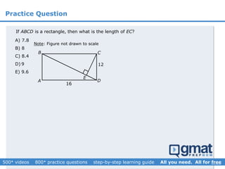 Practice Question
Note: Figure not drawn to scale
If is a rectangle, then what is the length of ?ABCD EC
A) 7.8
B) 8
C) 8.4
D) 9
E) 9.6
A
B
D
C
E
12
16
 
