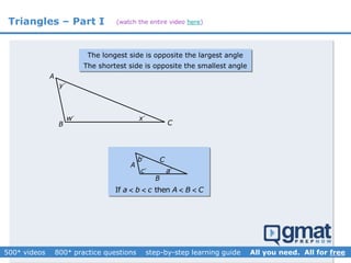 Triangles – Part I
A
B C
w x
y
The longest side is opposite the largest angle
The shortest side is opposite the smallest angle
A
B
C
a
b
c
If thena b c A B C   
(watch the entire video here)
 