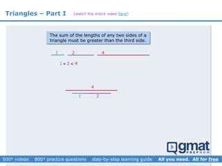 Triangles – Part I
1
The sum of the lengths of any two sides of a
triangle must be greater than the third side.
2 4
1 2
1 42 
4
(watch the entire video here)
 