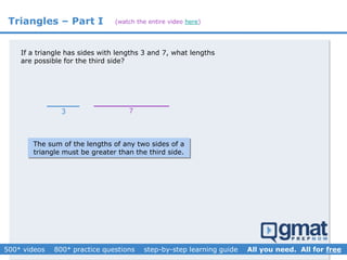 Triangles – Part I
If a triangle has sides with lengths 3 and 7, what lengths
are possible for the third side?
3 7
The sum of the lengths of any two sides of a
triangle must be greater than the third side.
(watch the entire video here)
 