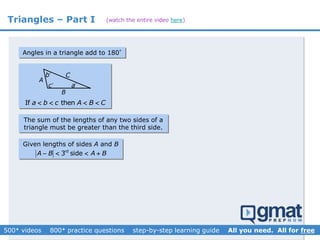 Triangles – Part I
Given lengths of sides A and B
rd
3 sideA B A B   
Angles in a triangle add to 180°
A
B
C
a
b
c
If thena b c A B C   
The sum of the lengths of any two sides of a
triangle must be greater than the third side.
(watch the entire video here)
 