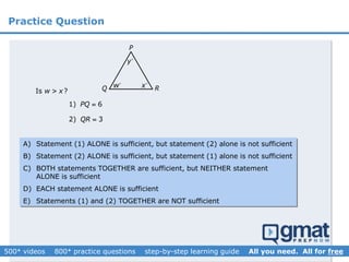 Is w > x? Q
P
w x
y
R
2) 3QR 
1) 6PQ 
Practice Question
A) Statement (1) ALONE is sufficient, but statement (2) alone is not sufficient
B) Statement (2) ALONE is sufficient, but statement (1) alone is not sufficient
C) BOTH statements TOGETHER are sufficient, but NEITHER statement
ALONE is sufficient
D) EACH statement ALONE is sufficient
E) Statements (1) and (2) TOGETHER are NOT sufficient
 