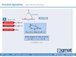 Q
P
w x
y
R
1) 6PQ 
A
B
C
a
b
c
If thena b c A B C   
2) 3QR 
3
1&2)
6
Given lengths of sides A and B
rd
3 sideA B A B   
3 9PR 
E
6 3 36PR   
Is w > x?
Is ?PR PQ
Practice Question (watch the entire video here)
INSUFFICIENT
INSUFFICIENT
INSUFFICIENT
 