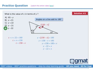 Solution #2
(watch the entire video here)Practice Question
What is the value of x in terms of y ?
A) 65
B) 21
C) 22
D) 21
E) 22
y
y
y
y
y





x
y
22
43
 158 x
  180
158 18
1
0
22
22
22
58y
y x
y x
y x
y x
x 
  
 
 
 

Angles on a line add to 180°
1
22 180
1
58
58
x
x
c
c
c x
  
 
  158 180
22
y x
y x
  
 
 