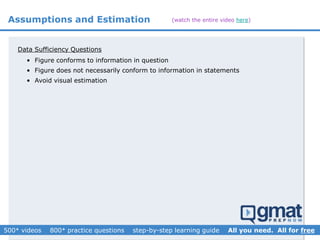 Data Sufficiency Questions
• Figure conforms to information in question
• Figure does not necessarily conform to information in statements
• Avoid visual estimation
Assumptions and Estimation (watch the entire video here)
 
