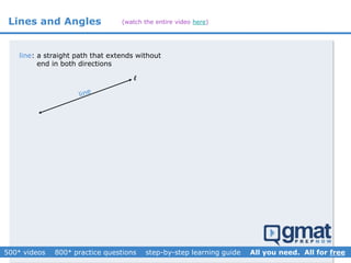 Lines and Angles
l
line: a straight path that extends without
end in both directions
(watch the entire video here)
 