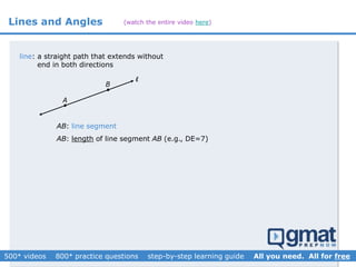 Lines and Angles
l


A
B
AB: line segment
AB: length of line segment AB (e.g., DE=7)
line: a straight path that extends without
end in both directions
(watch the entire video here)
 