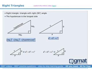 Right Triangles
leg1
• Right triangle: triangle with right (90°) angle
• The hypotenuse is the longest side
leg2
     
2 2 2
1 2leg leg hypotenuse 
2 2 2
a b c 
a
b
c
2 2 2
a b c 
a
bc 2 2 2
a b c 
a
bc
(watch the entire video here)
 